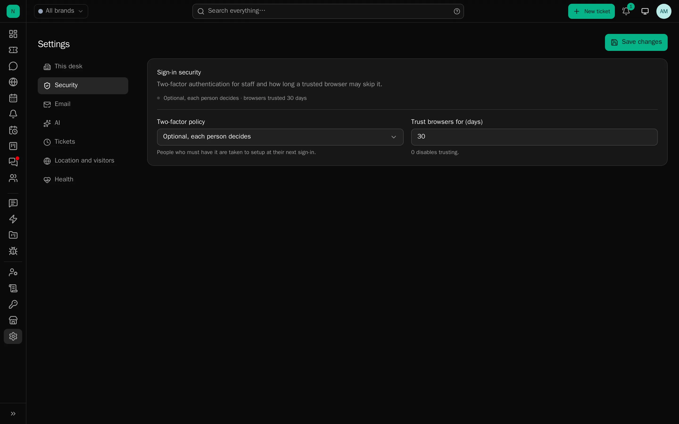 Settings: one page, a section at a time